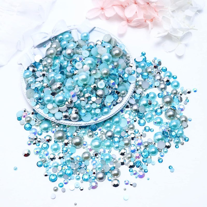 Towenm Townem 60g Mix Pearls and Rhinestones, Flatback Rhinestones and Pearls for Crafts Tumblers Shoes Nails Face Art, Mixed Sizes 2mm-10mm, Aquamarine|Silver|Gray - Image 3